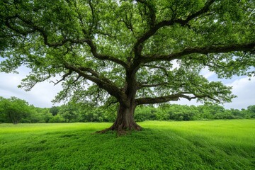 Fototapeta premium A large oak tree with roots stretching out in all directions, showing centuries of strength