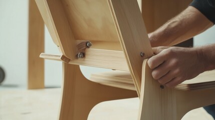 Carpenter assembling wooden chair. Indoor workshop