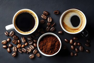 Dark Roasted Coffee Beans Espresso Cups Ground Coffee