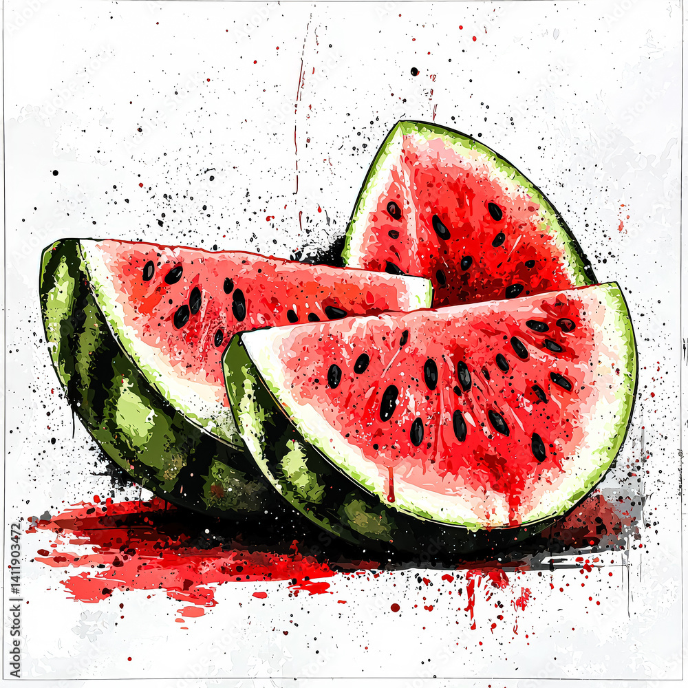 Poster watermelon is sliced in half and has red juice dripping from it. the image has a vibrant and fresh f