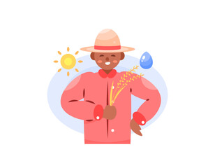 illustration of a happy male farmer because the rice harvest is successful. light and water for the needs of the rice plant. young farmer. gesture and expression. flat style character design. element