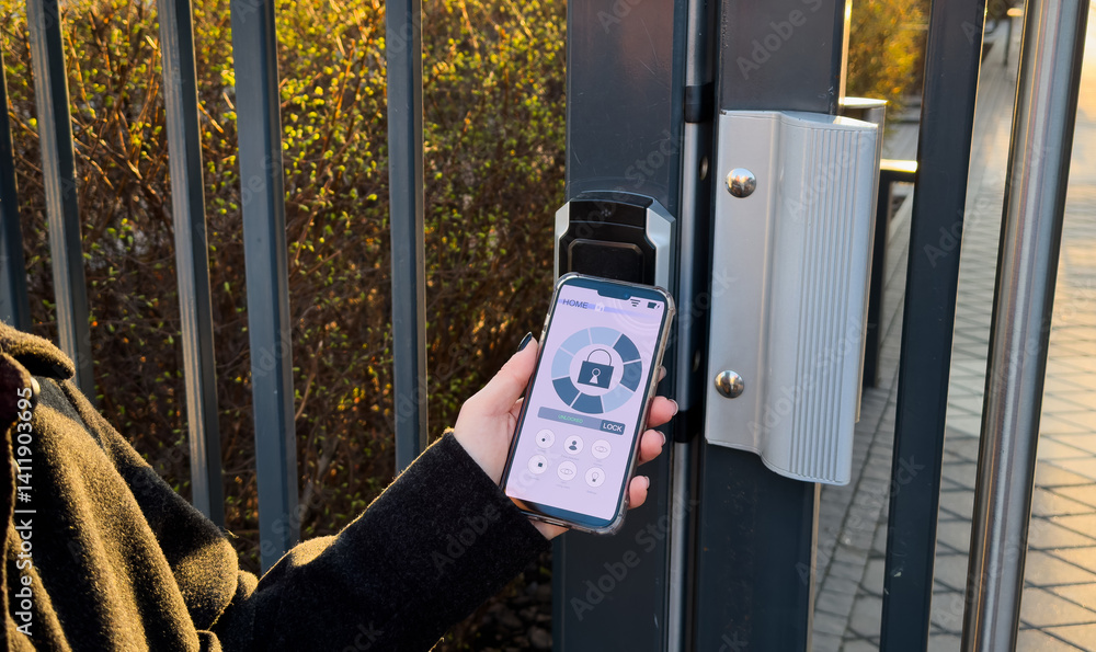 Poster young stylish woman getting access to the building by attaching smartphone to intercom. concept of m