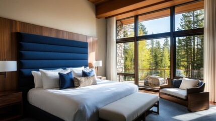 Fototapeta premium Elegant bedroom with blue vertical headboard, plush pillows, and wood-and-stone accents