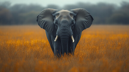 Naklejka premium Majestic elephant standing in golden field, exuding strength and grace