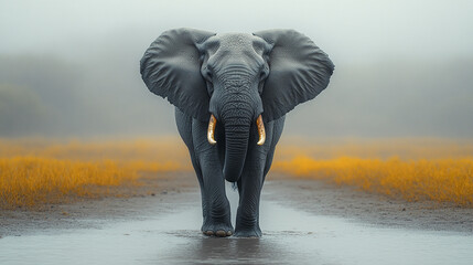 Obraz premium Majestic elephant standing with calm authority on misty path