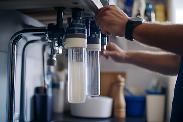 Plumber installing a new water filter system in a kitchen. Featuring technical expertise and focus