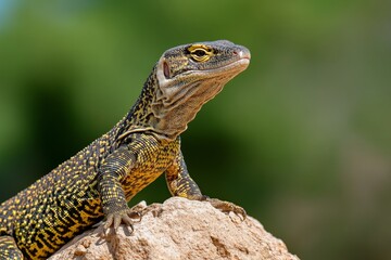 Obraz premium A monitor lizard sunbathing on a rock, its forked tongue flicking out to sense its surroundings (Reptile)