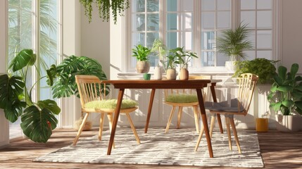 Fototapeta premium Stylish room with wooden table, chairs and houseplants. Interior design