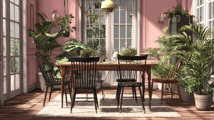 Fototapeta premium Stylish room with wooden table, chairs and houseplants. Interior design