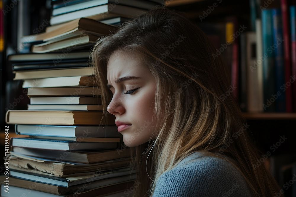 Poster group of students reading books in library while preparing for exam or test session, focused learnin