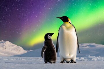 Fototapeta premium A penguin family silhouetted against the aurora borealis, standing on the frozen tundra