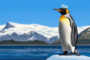 Fototapeta premium A penguin wearing a tiny ice crown, standing proudly on a floating iceberg