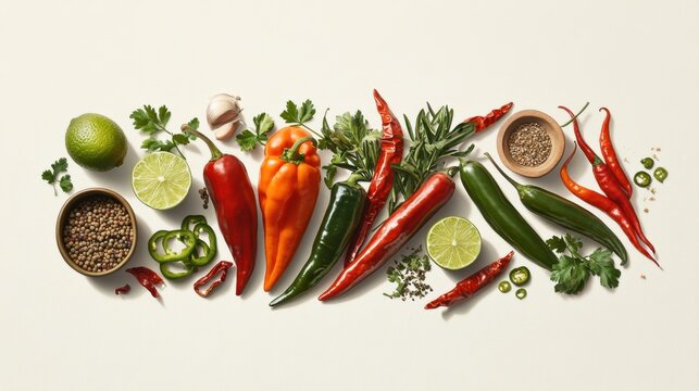 Fiery chili peppers arranged with cumin seeds, limes, and jalape for Mexican food prep