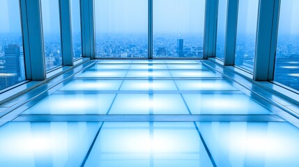 Modern, glass-walled, city view.  Elevated, illuminated floor