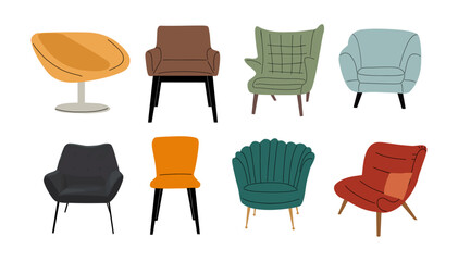 Set of different vintage mid century modern armchairs. Colorful interior design furniture icons, chairs. Hand drawn flat vector illustration isolated on transparent background