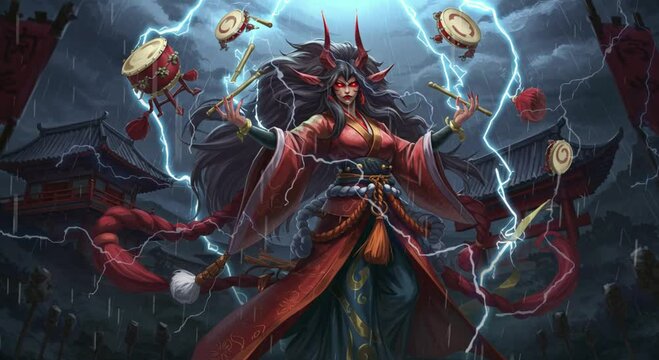 Fierce female Raijin thunder goddess powerfully summoning storm with floating drums against rainy Japanese temple and lightning sky