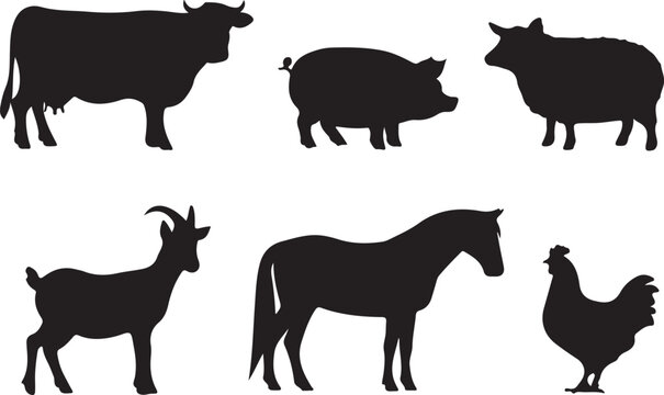 A black silhouette illustration of six common farm animals arranged in two rows on a white background