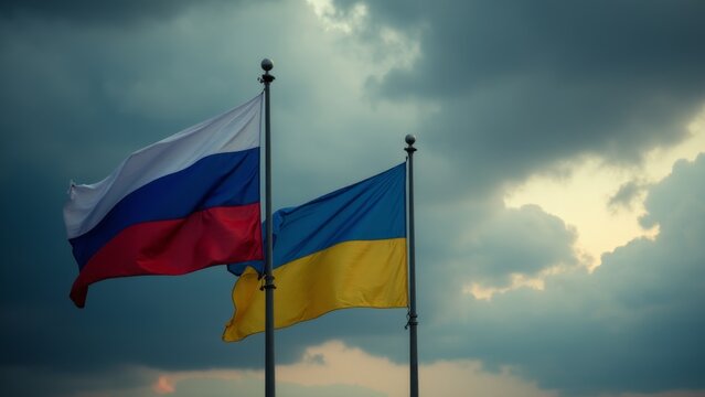 Russian And Ukrainian Flags Under Stormy Sky