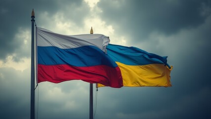 Russian And Ukrainian Flags Waving Together