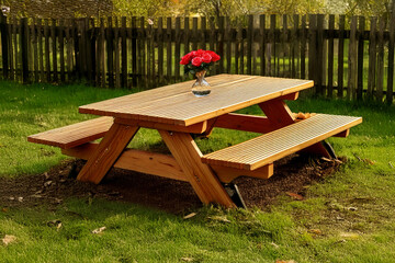 Wooden table for dining in the garden area of ​​the house