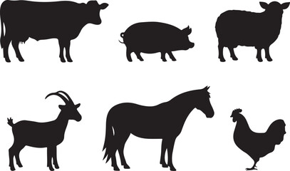 A black silhouette illustration of six common farm animals arranged in two rows on a white background