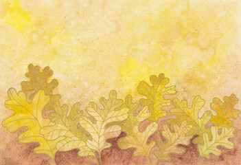 Autumn oak leaves on grunge background. Nature banner background with oak leaves. Yellow gold brown fall background. Watercolor painting on old textured paper.	