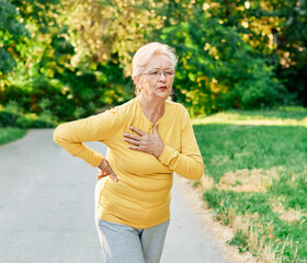 senior exercise running woman active fitness jogging pain arthritis chest disease care health...