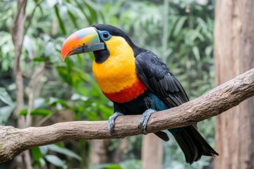 Naklejka premium A toucan perched on a rainforest branch, its large colorful beak gleaming in the sunlight (Bird)