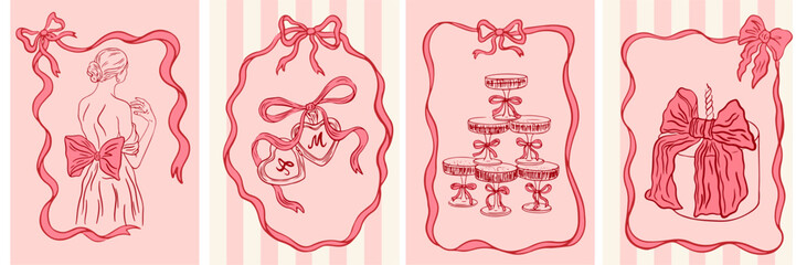 Vintage greeting cards in coquette style. Hand drawn whimsical frames with elegant bows and ribbons. Template for poster, banner, wedding invitation, Valentines day, birthday card. Vector illustration