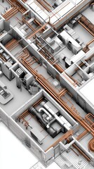 Complex CAD rendering illustrating building's mechanical, electrical, and plumbing systems - construction utility plumbing