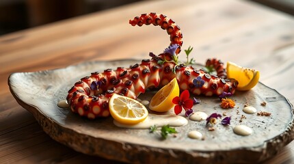 Grilled octopus tentacle served with lemon slices and edible flowers