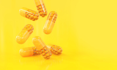 gélule rempli de billes avec des émoticons, concept de pilule du bonheur, antidépresseur - rendu 3D