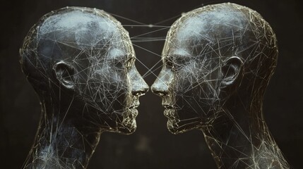 Abstract dark art two connected heads web design concept 3d bond mind gray gold lines human black