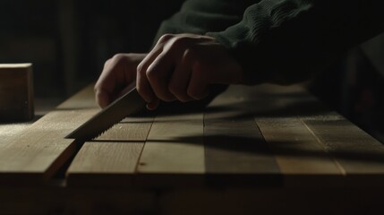 Carpenter cutting wood planks for a flooring project. Featuring precision and technique