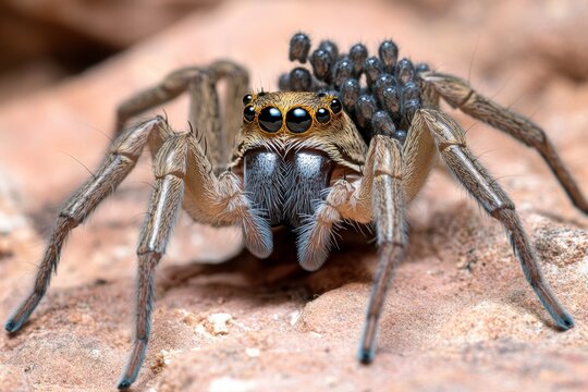 A wolf spider carrying dozens of tiny spiderlings on its back (Arachnid)