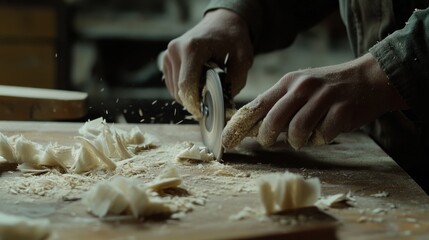 Carpenter cutting wood with a circular saw at a job site. Featuring skill and precision