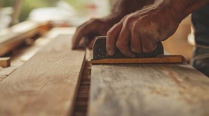 Carpenter cutting wooden planks at a construction site. Featuring craftsmanship and precision