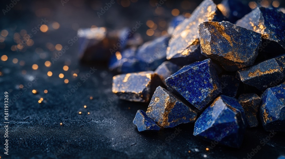 Poster lapis lazuli gems with intricate natural texture, sparkling in soft diffused lighting