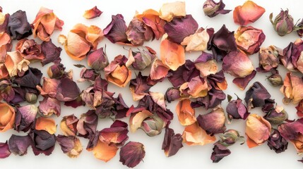 Colorful Dried Rose Petals Laying on White Surface for Background