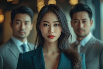 Obraz premium Confident woman in teal suit stands in front of two serious men in suits under soft interior lights