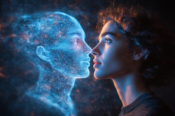 Futuristic AI-generated digital face with holographic data projections and neural network visual effects