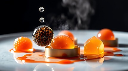 Close up of orange molecular gastronomy food on a white plate with smoke