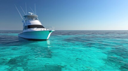 White yacht in turquoise sea; sunny ocean background