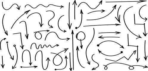 Arrow pen hand drawn sketch set. Collection of doodle drawn direction elements. Swipe up symbol, doodle line graphic design icon. Collection of vector doodle elements. Handwritten arrow. Illustration