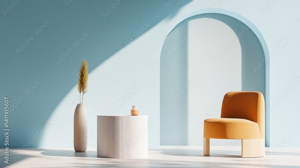 Poster minimal console table with abstract decor in a calming modern blue room