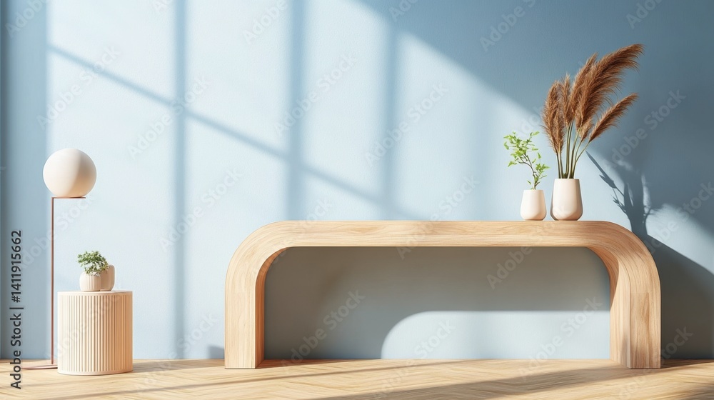 Poster minimal console table with abstract decor in a calming modern blue room