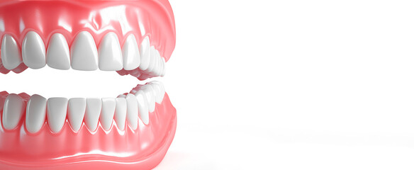 Obraz premium Close-up view of teeth model on a white background, dental clinic advertisement with copy space
