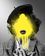 Art collage. Woman in beret and pearls with lips showing, yellow paint on face symbolizing silent scream. Concept of challenge, protest, psychology, social issues, beauty.