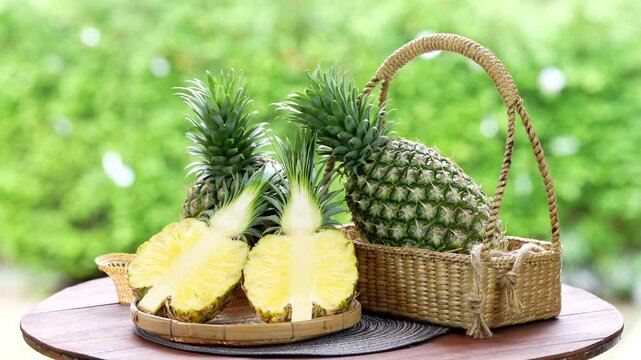 Pineapple fruit in Bamboo basket on wooden table in garden, Organic Taiwan Watermelon Pineapple with slices on blurred greenery background.