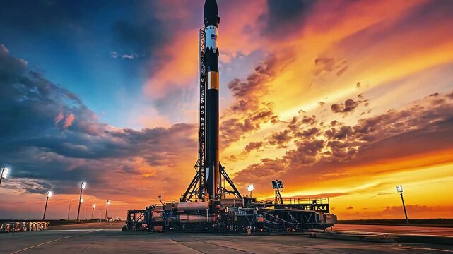 Dramatic Rocket on Launch Pad at Sunset Sky Vibrant Blend of Colors and Clouds Inspiring Space Exploration and Technology in Evening